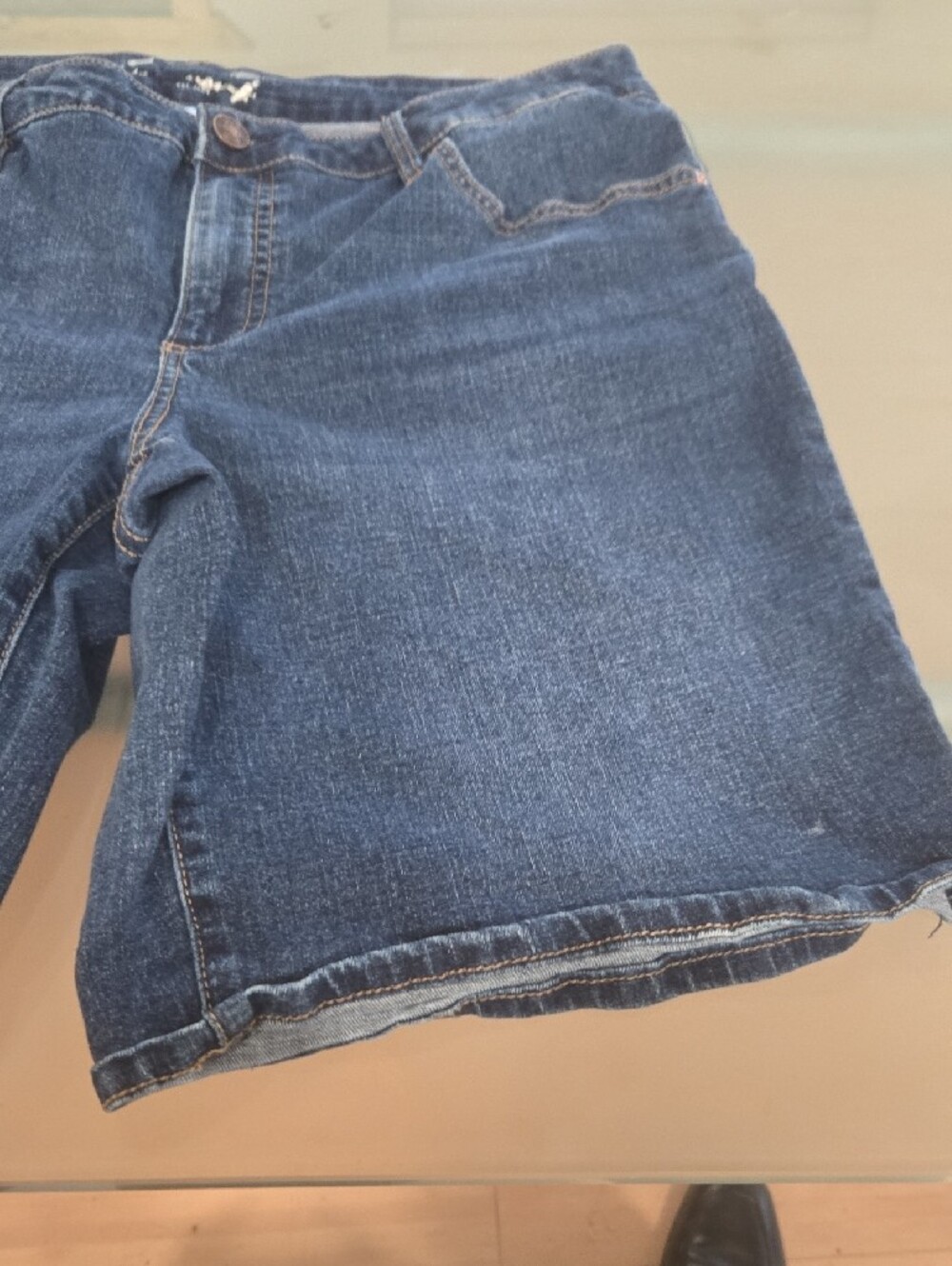 Seven7 Blue Denim Shorts with Tan Leather Patch - Picture 7 of 10